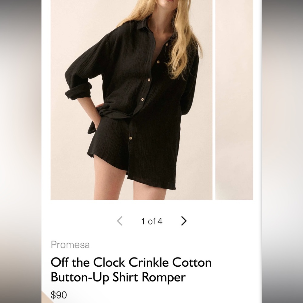 Promesa Off The Clock Crinkle Cotton Button-up Shirt Romper Black